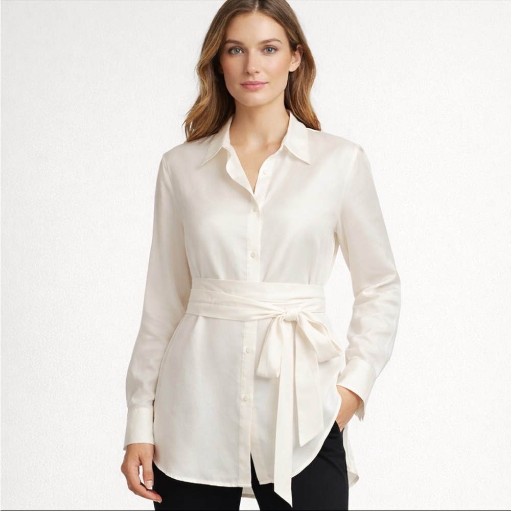 Chloé Kristyn White Wrap Belt Shirt Tunic Blouse Cupro Linen XL NWT